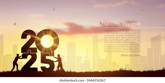 Silhouette two men pushing to connect puzzle jigsaw 2025 with sunlight and bright sky. 2025 Creative black symbol of business corporate teamwork to solutions, success and strategy concept illustration