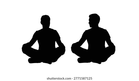 a silhouette of two men sitting in lotus position, depicted in black against a white background, representing yoga and meditation practices. high-quality professional detailed