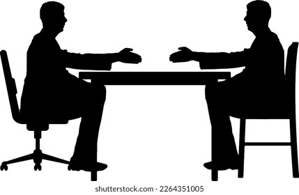 Silhouette of two men sitting at a table and stretching out their hands for a handshake. Business Concept hiring process. Vector Silhouette