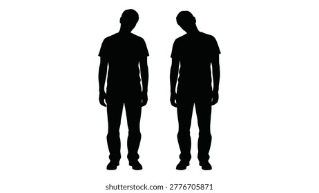 A silhouette of two men standing next to each other, isolated on a white background.
