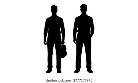 Silhouette of two men standing, one holding a bag, isolated on a white background. This graphic image features a simple, minimalist style.
