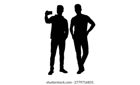 A silhouette of two men standing together, depicted in a casual pose against a plain white background.