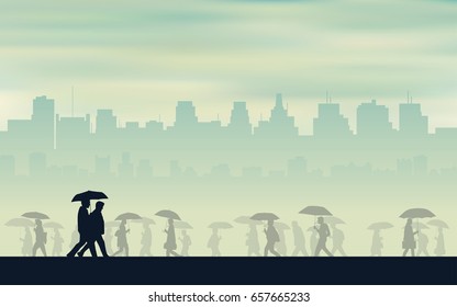 silhouette two men walking in rain with umbrella on street and city skyline background