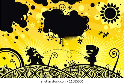 Silhouette two monster on spring background
