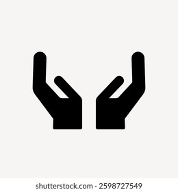 Silhouette of two open hands raised upwards. Simple, minimalist design of hands. Black hands icon on a white background. Symbol of open hands gesture. User interface icon vector.