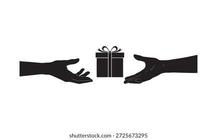 Una silueta de dos manos abiertas que alcanzan una caja de regalo entre ellas, que representa dar, recibir, compartir, generosidad y el acto de presentar un regalo, un símbolo de bondad.
