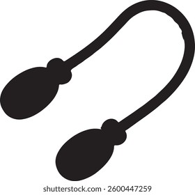 Silhouette of two oval-shaped objects connected by a curved rope. The design features bold, solid black lines against a white background, giving it a minimalist and abstract appearance. 