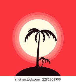 Silhouette of two palm trees on the island against the backdrop of the setting sun.