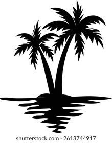 Silhouette of two palm trees on a small island, reflected in calm water. Simple, elegant tropical design.