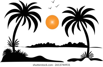 Silhouette of two palm trees on a beach at sunset, simple minimalist design, perfect for tropical themed projects.