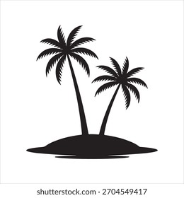 Silueta de dos palmeras en una Pequeña isla. Simple Ilustración vectorial en blanco y negro. Concepto de vacaciones tropicales.