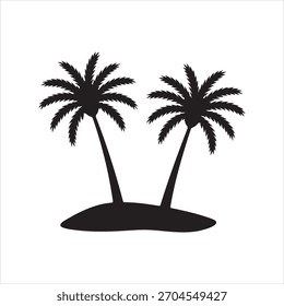 Silueta de dos palmeras en una Pequeña isla. Diseño sencillo y minimalista. Ambiente tropical, exótico y veraniego. Ilustración vectorial en blanco y negro.