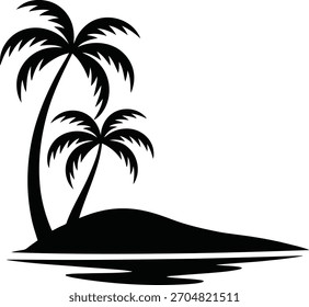 Silhueta de duas palmeiras em uma pequena ilha com reflexo na água, evocando um paraíso tropical.