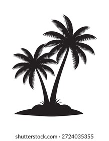 Silhouette of two palm trees on a small island, representing a tropical paradise vacation.