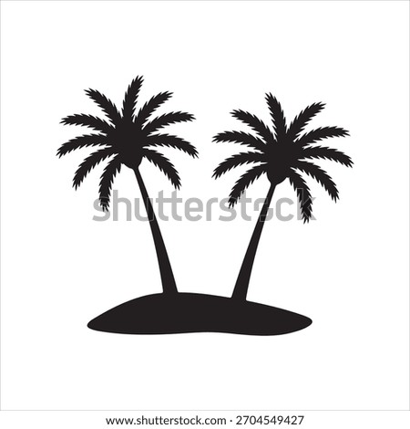 Silhouette of two palm trees on a small island. Simple, minimalist design. Tropical, exotic, and summery feel. Black and white vector illustration.