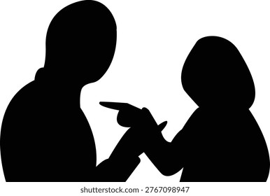 Silhouette of two people arguing with pointing gesture representing conflict and misunderstanding. Ideal for communication issues, social problems, and behavioral concept illustrations.