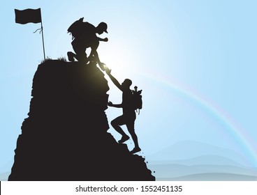 Silhouette of two people climbing mountain helping each other on blue sky background, helping hand and assistance concept vector illustration