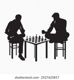 Silhouette of two people deeply engaged in a chess game, sitting across from each other at a chessboard. A thoughtful moment of strategic play captured in minimalist form