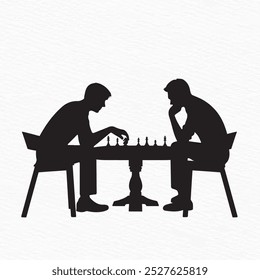 Silhouette of two people deeply engaged in a chess game, sitting across from each other at a chessboard. A thoughtful moment of strategic play captured in minimalist form