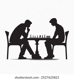 Silhouette of two people deeply engaged in a chess game, sitting across from each other at a chessboard. A thoughtful moment of strategic play captured in minimalist form