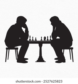 Silhouette of two people deeply engaged in a chess game, sitting across from each other at a chessboard. A thoughtful moment of strategic play captured in minimalist form