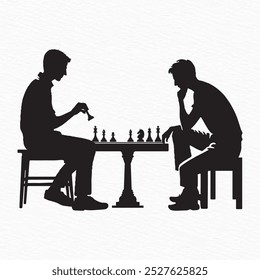 Silhouette of two people deeply engaged in a chess game, sitting across from each other at a chessboard. A thoughtful moment of strategic play captured in minimalist form