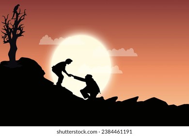 Silhouette of Two People Helping Each Other Climb a Rocky Mountain Against a Beautiful Sunset