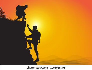 Silhouette of two people hiking climbing mountain and helping each other on golden sunrise background, helping hand and assistance concept vector illustration