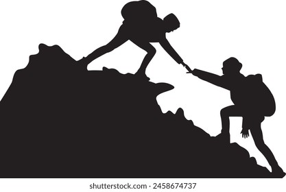 Silhouette of two people hiking climbing mountain and helping each other on top of mountain, helping hand and assistance concept vector