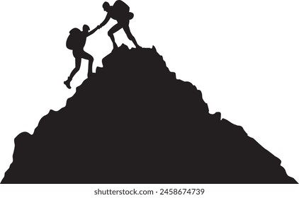 Silhouette of two people hiking climbing mountain and helping each other on top of mountain, helping hand and assistance concept vector