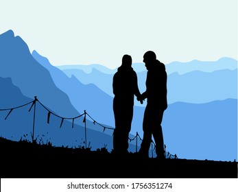 Silhouette of two people holding hands, standing next to fence in cold weather wearing jackets. Mountains is the background. Vector illustration.