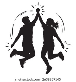a silhouette of two people jumping and giving a high five, symbolizing teamwork, success, and celebration in a dynamic and energetic way.