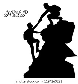 Silhouette of two people metaphor (help, support, friendship), on a mountain, hand in hand, on a white background, vector