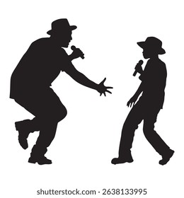 Silhouette of two people performing with microphones, possibly singing or rapping on stage.