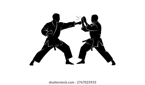 Silhouette of two people practicing martial arts