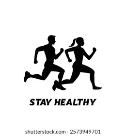 Silhouette of two people running together with the motivational text stay healthy below the image

