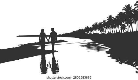Silhouette of Two People Standing on a Dock with Palm Trees and Mirrored Water Reflection at Sunset Featuring Couple, Pier, Beach with Shoreline