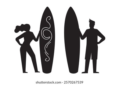 Silhouette of two people standing with surfboards. Surfing people, black signs or icons isolated on white background. Extreme sport. Surf school, spot. flat vector illustration