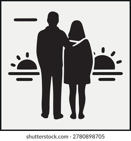 Silhouette of two people standing together at sunset calm companionship