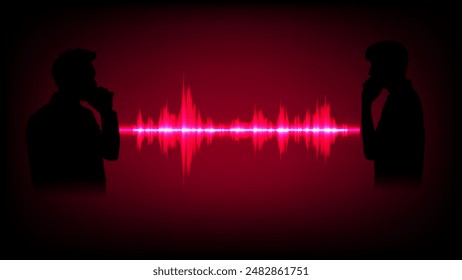 silhouette of two people talking with the symbol Sound Wave Blue Digital Frequency wavelength graphic design Vector Illustration 