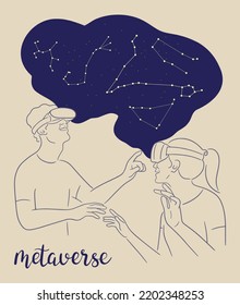 Silhouette of two people in a virtual reality helmets watching the constellations of the night sky and faraway planets. Smiling persons wearing VR Goggles and visiting metaverse