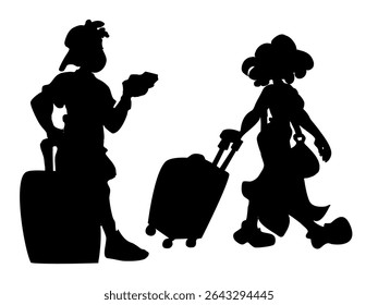 Silhouette of two people walking with luggage, one holding a phone. Perfect for travel, vacation, and friendship themes.