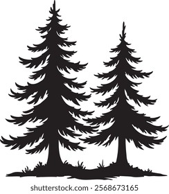 Silhouette of Two Pine Trees with Detailed Branches and Grass, Perfect for Nature and Outdoor Themes