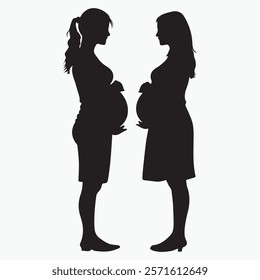 Silhouette of two pregnant women standing face-to-face, emphasizing motherhood, pregnancy, and the bond between expectant mothers. Minimalist black-and-white design.