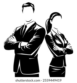 A silhouette of two professional people standing side by side with confident postures in vector illustration