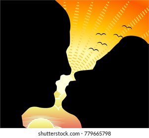 silhouette of two profile faces of a man and woman in a kiss against the backdrop of dawn