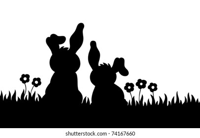 Silhouette of two rabbits on meadow - vector illustration.