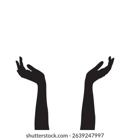 Silhouette of two raised arms, with palms facing up on a white background. Graphic design.