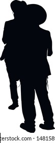 Silhouette of two religious Jews near the synagogue. A Jew in a traditional costume looks forward. Hasid in and hat. Isolated vector illustration Black on white.