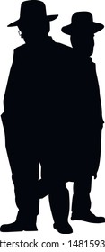 The silhouette of two religious Jews. Talk about the book of torus. A Jew in a traditional costume looks forward. Hasid in and hat. Isolated vector illustration Black on white.